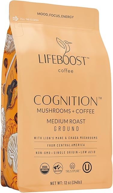 Lifeboost Cognition Adaptogenic Mushroom Coffee - Great Tasting Organic Lions Mane & Chaga Medium Roast Nootropic Coffee - Increase Energy, Boost Focus & Immune Support - 12 oz Bag - Ground