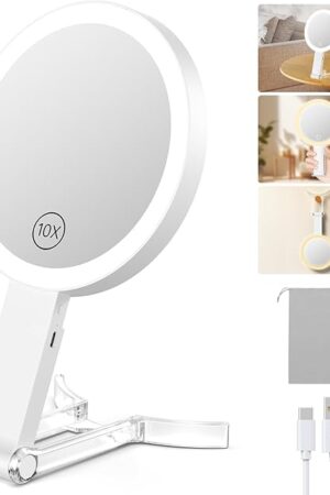 Benbilry Lighted Makeup Vanity Mirror, 10X Magnifying Mirror with Light 3 Colors, Adjustable Brightness & Stand, Tabletop & Hanging, 3 in 1 Portable Type-C Rechargeable, White