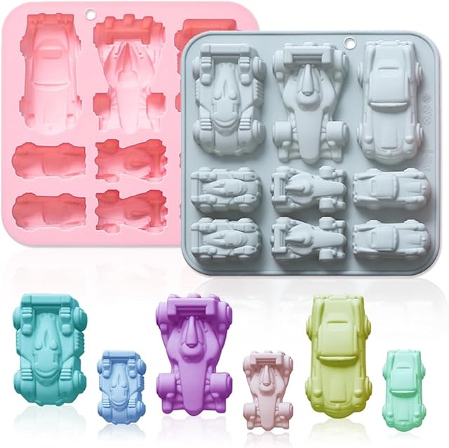 2 Pack Small Racing Cars Silicone Molds, 9 Cavity 3D Sports Car DIY Silicone Fondant Cake Mold Tray Baking Tools for Chocolate Candy Mousse Pudding Handmade Soap Candle Resin Clay