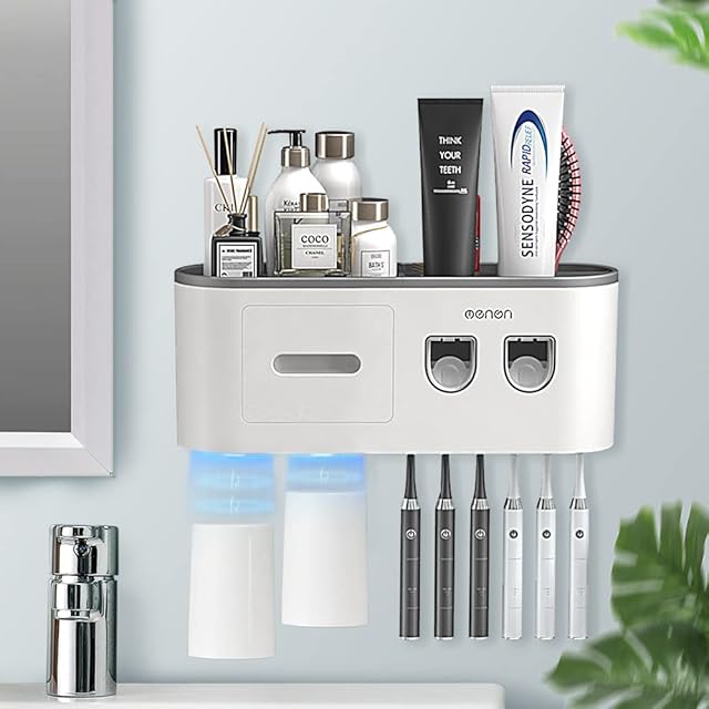 Toothbrush Holders Wall Mounted, Toothbrush Holder with Automatic Toothpaste Dispensers, 6 Brush Slots, 2 Magnetic Cups,1 Cosmetic Drawer Organizer and 1 Large Storage Tray