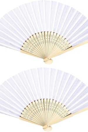2Pcs White Folding Fans,Hand Fan for Women,Foldable Bamboo Fans,Silk Fabric Chinese Japanese Handheld Folded Fan for DIY Decoration Wedding Dancing Party Festival Summer