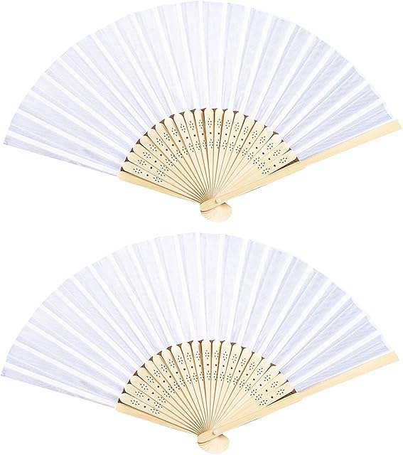 2Pcs White Folding Fans,Hand Fan for Women,Foldable Bamboo Fans,Silk Fabric Chinese Japanese Handheld Folded Fan for DIY Decoration Wedding Dancing Party Festival Summer