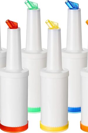 CHENGU 6 Pcs Bar Pour Colorful Juice Pouring Bottle Containers 34 oz Plastic Juice Dispensers for Bar Home Party Kitchen Supplies (White,Orange,Red,Yellow,Blue,Green)
