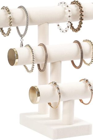 3 Tier Bracelet Holder,Bracelet Display Stand with Metal Cap,Beige White Velvet Jewelry Organizer Displays for Necklace Scrunchies Watches Hair Ties.