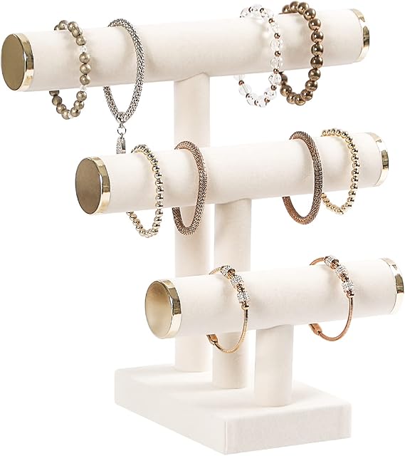 3 Tier Bracelet Holder,Bracelet Display Stand with Metal Cap,Beige White Velvet Jewelry Organizer Displays for Necklace Scrunchies Watches Hair Ties.
