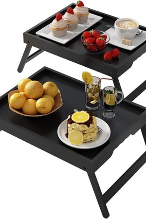 Bed Tray Table with Folding Legs,Bamboo Breakfast in Bed for Kitchen Serving Tray,Sofa,Eating,Used As Laptop Desk Snack Tray 2 Pack (Black)
