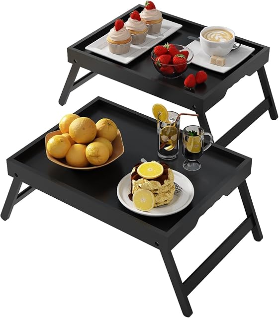 Bed Tray Table with Folding Legs,Bamboo Breakfast in Bed for Kitchen Serving Tray,Sofa,Eating,Used As Laptop Desk Snack Tray 2 Pack (Black)