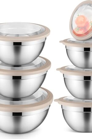E-far Stainless Steel Mixing Bowls with Airtight Clear Lids Set of 7, Metal Nesting Bowls for Kitchen Prep, Baking, Cooking, Serving, Salad, Dishwasher Safe, Size 4.6, 3.5, 3, 2, 1.5, 1, 0.7QT, Khaki