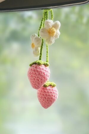 Crochet Strawberry and Flower Car Hanging Ornaments, Cute Aesthetic Rearview Mirror Hanging Accessories for Women and Girls, Handmade Polyester Fiber Car Decor 2-Pack