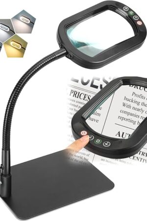 Veemagni 10X Rectangle Magnifying Glass with Light and Stand, Flexible Gooseneck LED Lighted Desk Lamp, 5 Color Modes Stepless Dimmable, Hands Free Magnifier for Reading Crafts Painting Close Work