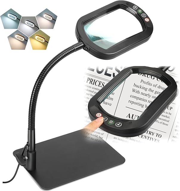 Veemagni 10X Rectangle Magnifying Glass with Light and Stand, Flexible Gooseneck LED Lighted Desk Lamp, 5 Color Modes Stepless Dimmable, Hands Free Magnifier for Reading Crafts Painting Close Work