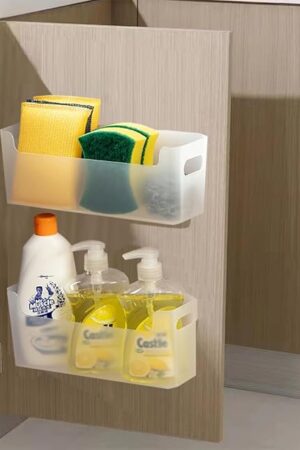 2 Pack Cabinet Organizer Storage, Adhesive Over Cabinet Door Organizer, No Drilling Space Saver Plastic Storage Containers Multi-Use for Kitchen Bathroom Office Bedroom, Translucent