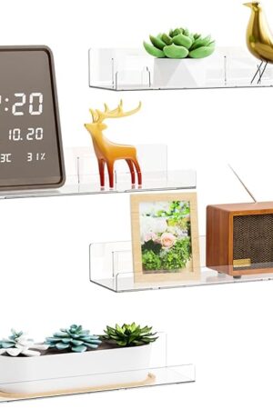 Yieach 4 Pack Acrylic Shelves for Wall Storage,No Drilling Adhesive Shelves,Clear Stick On Bathroom Wall Shelf Organizers,Plastic Floating Shelves for Perfume,Funko,Lego,Skincare,Bookshelf for Kids