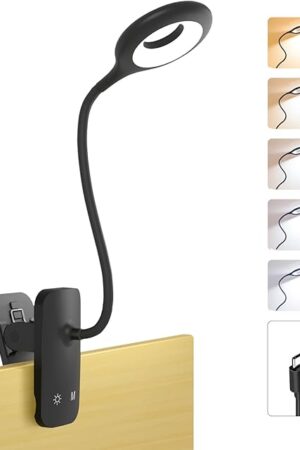 Clip on Light Rechargeable with Large Clamp, Battery Operated Bed Headboard Reading Lamp - 5 Colors 5 Brightness, Flexible Arm Book Light at Night for Kids Desk Bunk Metal Bed Frame (Black)