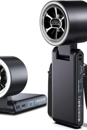 CAZOKASI Rechargeable Strong Wind Handheld Fan With Ambient Lighting 4 IN1 5000mAh Upto 22H For Desktop Waist Clip Neck (StrongWind/Black)