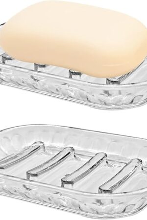 AMUONTY 2 Pack Soap Dish Holder for Bar Soap, Bathroom Soap Dishes Bar Soap Holder Tray, Soap Dishes for Shower Bathroom, Kitchen Sink Soap Dish, Clear
