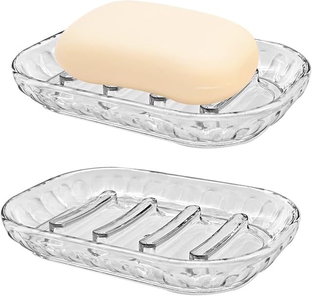 AMUONTY 2 Pack Soap Dish Holder for Bar Soap, Bathroom Soap Dishes Bar Soap Holder Tray, Soap Dishes for Shower Bathroom, Kitchen Sink Soap Dish, Clear