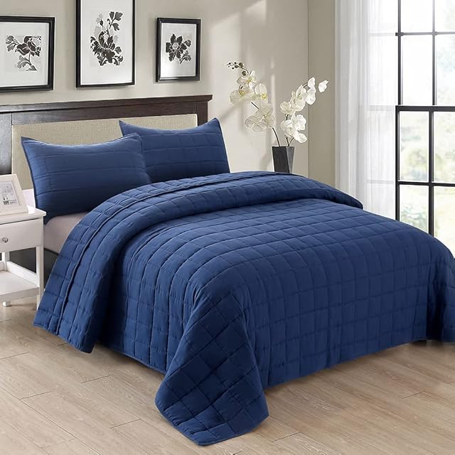 EMME Quilts Twin Size Navy Blue 2 Piece Microfiber Square Pattern
