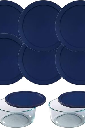 Wood Grip Glass Container Lids Replacement Compatible with Pyrex Glass Containers - Durable, Leakproof Lids - Fits 2 Cup Round Glass Bowls for Secure Food Storage - 6 Pack, Blue, 4-3/4" Diameter