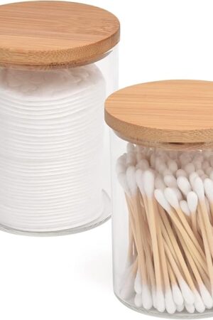 2 Pack Glass Qtip Holder Dispenser Set - Apothecary Jars with Lids - Vanity Makeup Organizer and Bathroom Canister Storage Organizer for Cotton Ball, Swab, Round Pads,Floss