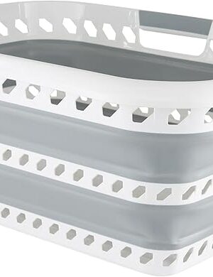 Collapsible Laundry Basket | Portable | Space Saver Storage | Hold 2 Loads | Store Under the Bed or Closet | Good for Kids | Dorm | Bedroom | Large | White/Grey