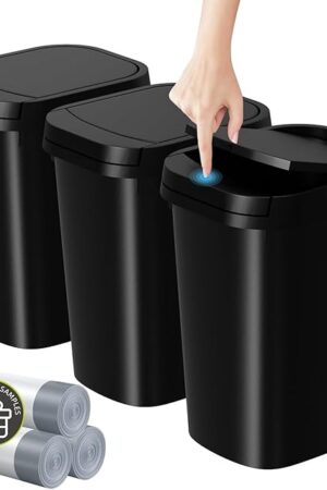 3 Pack Bathroom Small Trash Can with Lid, 2.6 Gallon Slim Garbage Bin with Pop-Up Lid, 10L Plastic Wastebasket for Bedroom, Office, Kitchen, Toilet (Matte Black)