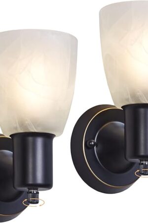 Wall Sconces Set of 2, Matte Black Vanity Lights for Bathroom, Modern Wall Light Fixtures with Rotary Switch, Wall Mount Light with Frosted Glass, Farmhouse Wall Lamp for Bedroom Mirror Living Room