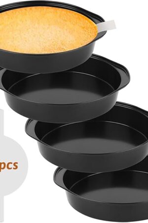 8 Inch Cake Pan with Handle - 4 Pack Carbon Steel Cake Pans with 100 PCS Parchment Paper, Nonstick, Easy Demolding, Dishwasher Safe
