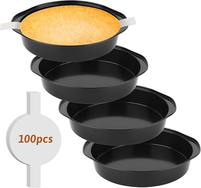 8 Inch Cake Pan with Handle - 4 Pack Carbon Steel Cake Pans with 100 PCS Parchment Paper, Nonstick, Easy Demolding, Dishwasher Safe