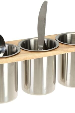 ZOOFOX 3 Pack Silverware Holder, Stainless Steel Utensil Organizer with Wood Base, Flatware Caddy for Spoons, Knives and Forks, Great for Kitchen Table, Cabinet, Pantry