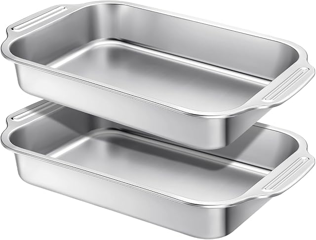 2 Pcs Stainless Steel Cake Pan 9 x 13 Inch Baking Pan with Handle Rectangle Baking Bakeware for Fish Cakes Breads Casseroles Vegetables Dishwasher Safe