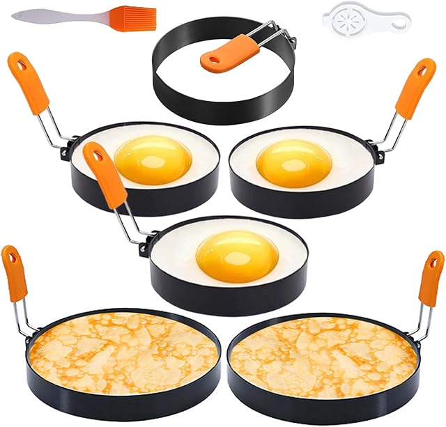 6 Packs Professional Egg Ring Pancake Ring Set,Non-Stick Stainless Steel 6" Pancake Mold Pancake Shapers 4" & 3.5" Cooking Ring with Silicone Handle for Griddle Frying Egg Breakfast (6" 4" 3.5")
