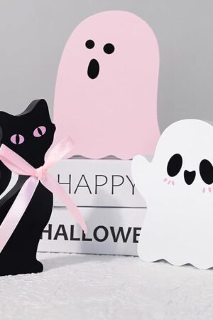 3Pcs Pink Cute Halloween Decor, Pink Ghost Decor Pastel Halloween Tiered Tray Decorations Indoor Ghost Cat Wooden Decors for Office Home Decoration