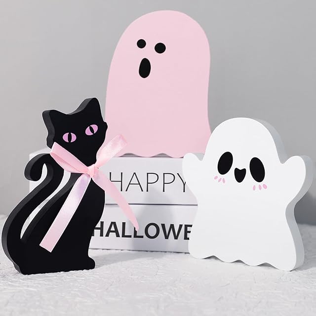 3Pcs Pink Cute Halloween Decor, Pink Ghost Decor Pastel Halloween Tiered Tray Decorations Indoor Ghost Cat Wooden Decors for Office Home Decoration