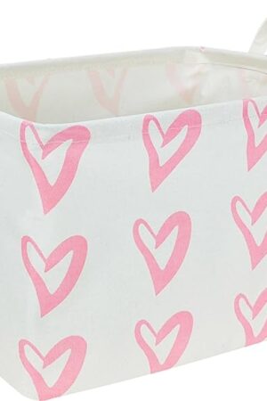 CLOCOR Rectangular Pink Heart Basket Empty, Storage Bin, Waterproof Book Box with Handles, Gift Basket(Pink Heart)