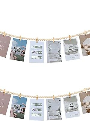 2Pcs Hanging Photo Display with Clips, Boho Wooden Bead Garland Collage Picture Frame Wall Decor, Photo String with 10 Clips for Bedroom Room Dorm Cubicle Decor, Christmas Teen Girls Gifts