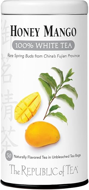 The Republic of Tea – Honey Mango 100% White Tea Bags, Steeps 50 Low-Caffeinated Cups