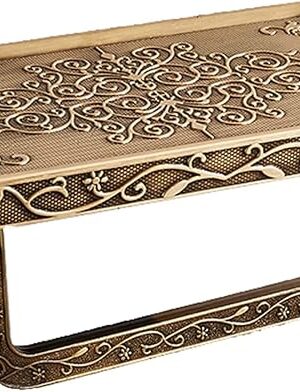 Vintage Carved Floral Toilet Paper Holder with Shelf - Antique Brass Finish Aluminum Bathroom Organizer, Wall Mounted Decorative Roll Holder for Bathroom/Vanity (7.24" Phone Shelf)