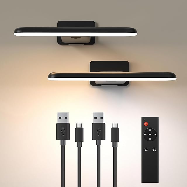 2 Pack Picture Lights for Wall, Rechargeable LED Picture Light Battery Operated with Remote, Dimmable Poster Light for Paintings, Portraits, Art Frames, Display Lighting for Wall Decor,Black