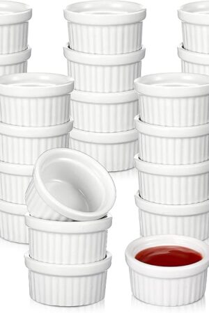 Amyhill 24 Pcs 1 oz Mini Ramekins Small White Ceramic Porcelain Souffle Dish Custard Sauce Dipping Dessert Cups Oven Safe Bowls for Charcuterie Pudding Creme Brulee Condiment Baking Bakeware