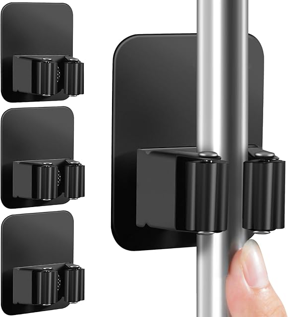 4 Pack Wall Mount Improved Broom Holder, Black