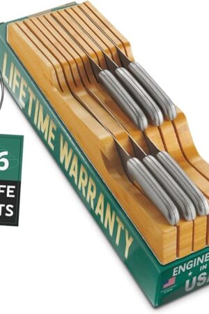 Bellemain 100% Pure Bamboo in Drawer Knife Block | 16 Knife Slots Knife Drawer Organizer | Store Knives Safely with The Blades Down | Storage Solution for Your Kitchen | Knife Organizer Drawer Insert