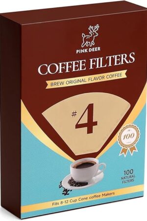 100 Count #4 Cone Coffee Filters 8-12 Cup, Natural Unbleached Paper, for Pour Over and Drip Coffee Maker
