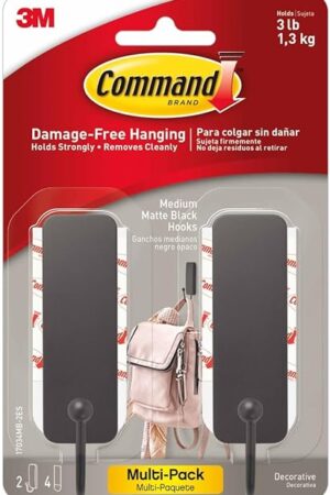 Command Wall Hooks Matte Black 2 Hooks with Adhesive Strips