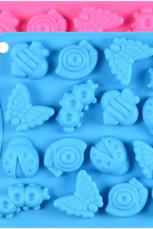 2Pcs 16 Cavity Insect Silicone Molds Butterfly Snail Ladybug Bee Bug Chocolate Candy Mold Insects Crayon Wax Melt Mini Soap Mould Ice Cube Tray (Random Colors)