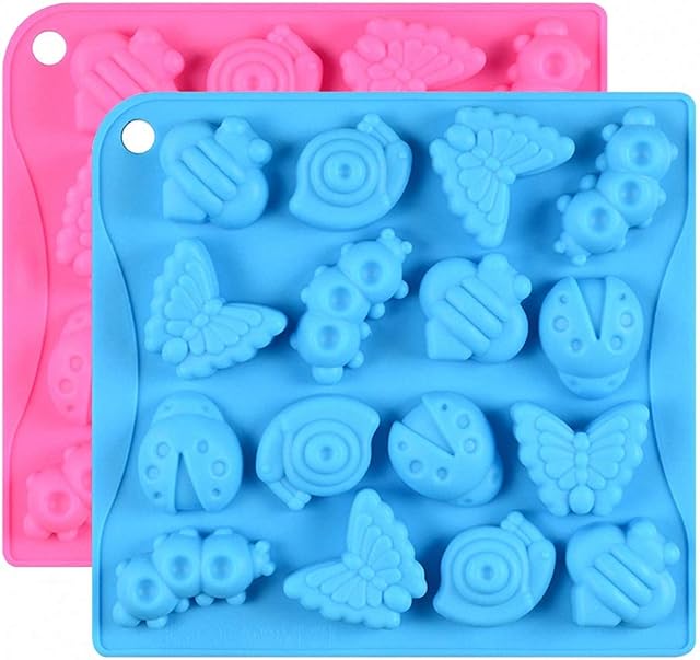 2Pcs 16 Cavity Insect Silicone Molds Butterfly Snail Ladybug Bee Bug Chocolate Candy Mold Insects Crayon Wax Melt Mini Soap Mould Ice Cube Tray (Random Colors)