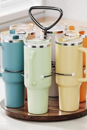 Delamu Water Bottle Organizer for Stanley Cup Organizer Holder Tumbler Storage with Wooden Turntable Base, Detachable Handle for Easy Carry, Stanley Cup Accessories for 40 oz 30 oz 20 oz Cup