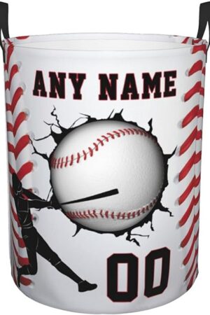 Baseball Laundry Basket Personalized Laundry Hamper with Name Custom Dirty Clothes Storage with Handles for Bathroom Living Room Bedroom