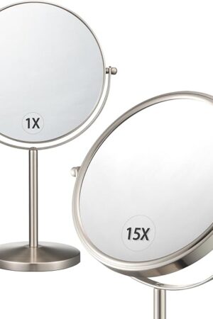 ALHAKIN 1X/15X Magnifying Mirror, Double Sided Makeup Mirror with Stand for Desk, 8 Inch Vanity Tabletop Mirror with 360° Rotation Portable for Bathroom Bedroom, Nickel