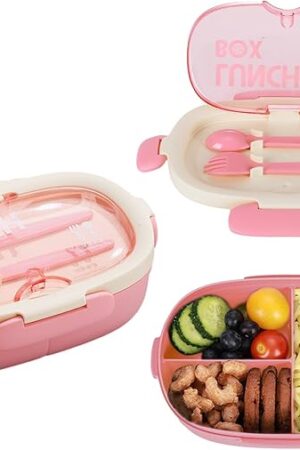 Bento Box Kids Lunch Box with Spoon & Fork - 28oz, 3 Compartment Sandwich Containers Travel Snack Boxes, Microwave/Dishwasher/Freezer Safe, BPA Free Meal Prep Food Storage Containers - Pink